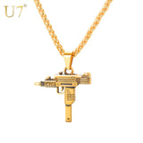 U7 UZI GUN Shape Pendant Necklace For Men Hip Hop Jewelry Gold/Black Color Stainless Steel Army Style Male Chain Necklaces P1159