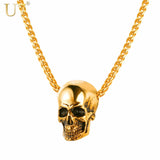 U7 Halloween Jewelry Skull Necklace Stainless Steel Gothic Biker Pendant & Chain For Men/Women Punk Gift Gold/Black Color P1133